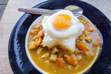 Indian food: beef with Fried Egg on the rice in the dish. horizo