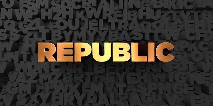 Republic - Gold text on black background - 3D rendered royalty free stock picture. This image can be used for an online website banner ad or a print postcard.