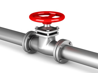 Metallic pipe with red big valve on white background