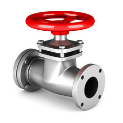 Red metal valve on white background
