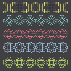 Set of multicolored geometric borders ornaments on a gray background. Vector illustration.