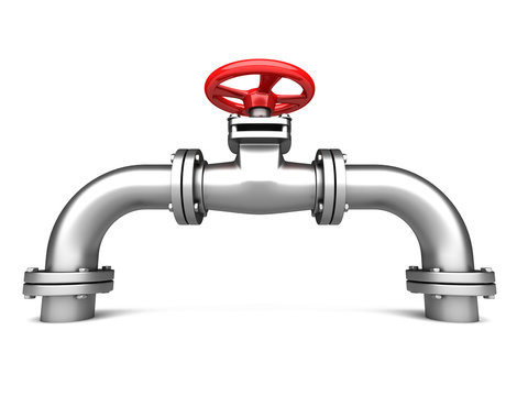 Metallic pipe and oil red valve on white background