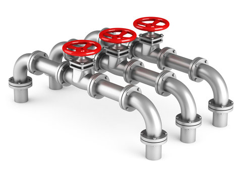 Three pipes and oil valves on white background