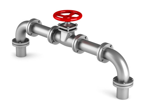 Red valve and metallic pipeline on white background