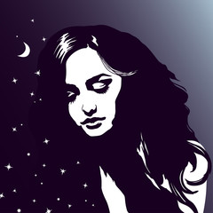 Sleeping girl portrait, beautiful dreaming woman, night sky, stars