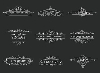 Set of creative vector templates for logos, label or banners on the theme of quality and business in vintage style. Flourishes calligraphic elements. Design frame and page decor