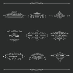 Set of creative vector templates for logos, label or banners on the theme of quality and business in vintage style. Flourishes calligraphic elements. Design frame and page decor