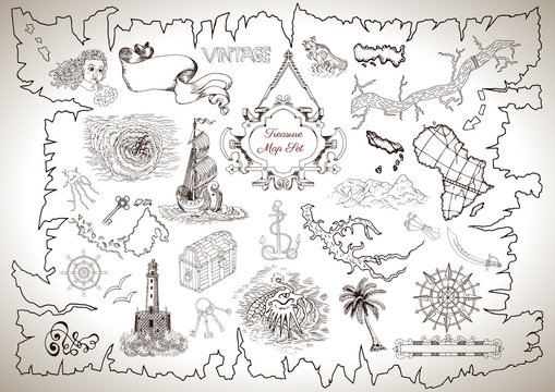 Vintage design collection for treasure or pirate map with engraved drawings