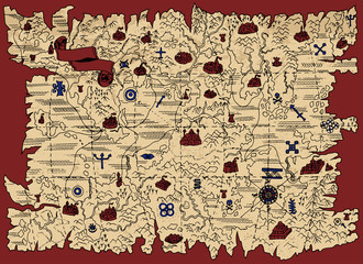 Ancient map of fantasy land with pirate treasures and vignette banner on red