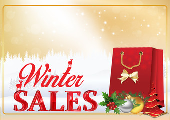 Winter sales poster / template. Contains 3D text: big sale, present box (gifts), Christmas baubles, shopping bags, Christmas tree and Santa's hat. Format A3. Print colors used.