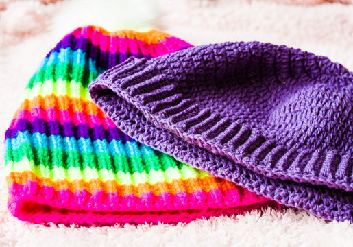Knitting. Multicolor hats, crochet and knitting, hat rainbow clo