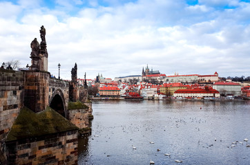 Old Town ancient architecture and river pier in Prague, Czech Re