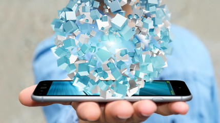 Businessman holding flying abstract sphere over mobile phone 3D