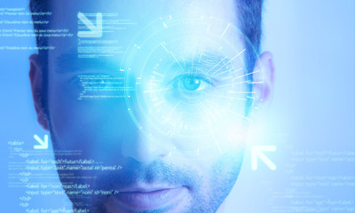Obraz premium Futuristic technology user interface with an user eye on the bac