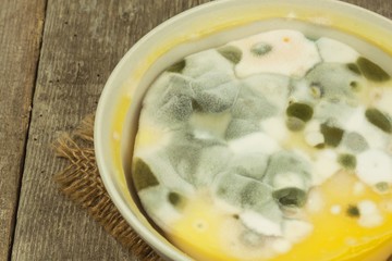 Moldy pudding. Poisonous food full of mold. Unhealthy food. Spores of the fungus for food. Growing mold.
