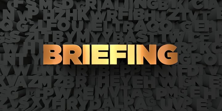 Briefing - Gold text on black background - 3D rendered royalty free stock picture. This image can be used for an online website banner ad or a print postcard.