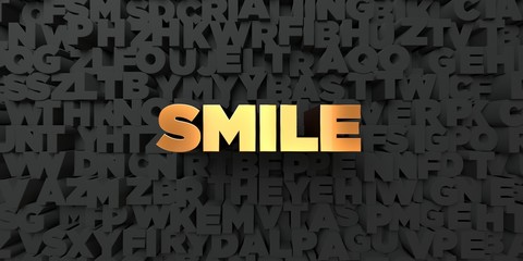 Smile - Gold text on black background - 3D rendered royalty free stock picture. This image can be used for an online website banner ad or a print postcard.