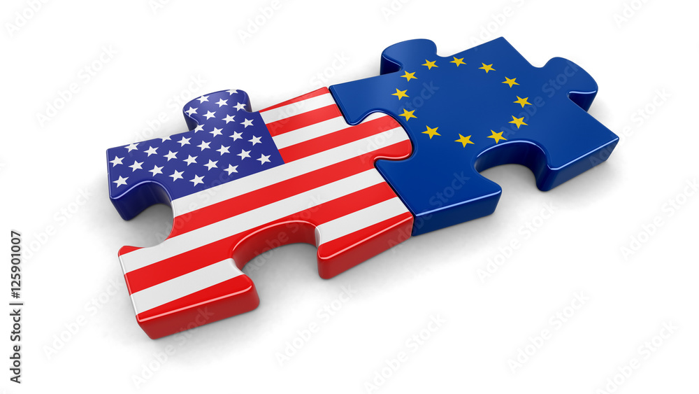 Poster usa and european union puzzle from flags. image with clipping path