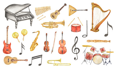 Watercolor musical instruments set. All kinds of instruments like piano, saxophone, trumpet, drums and others. - obrazy, fototapety, plakaty