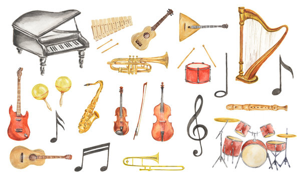 Watercolor musical instruments set. All kinds of instruments like piano, saxophone, trumpet, drums and others.