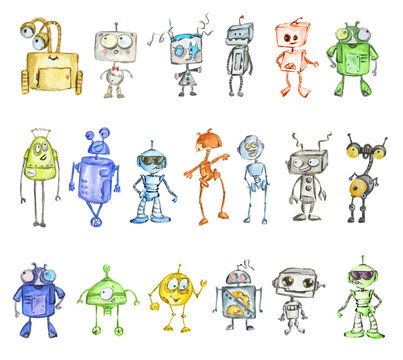 Robots watercolor set isolated on white background