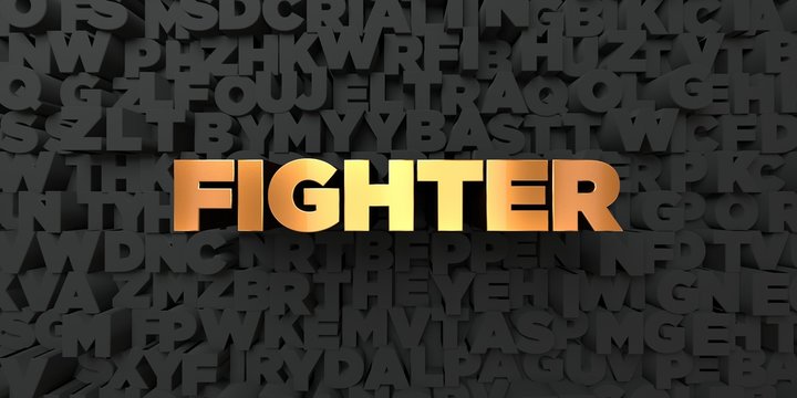 Fighter - Gold text on black background - 3D rendered royalty free stock picture. This image can be used for an online website banner ad or a print postcard.