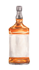 Watercolor whiskey bottle on white background. Alcohol beverage. Drink for restaurant or pub.