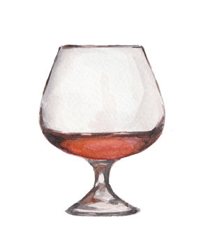 Watercolor cognac glass on white background. Alcohol beverage. Drink for restaurant or pub.