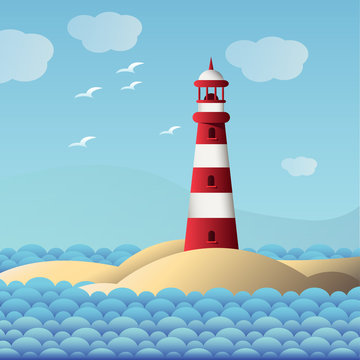 red lighthouse near the sea. vector. blue sky