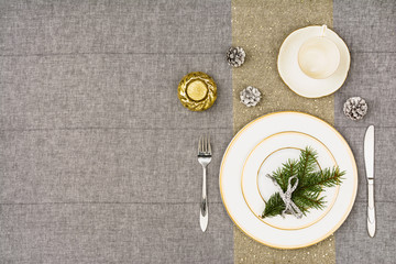 Christmas table top view. Linen tablecloth texture background.