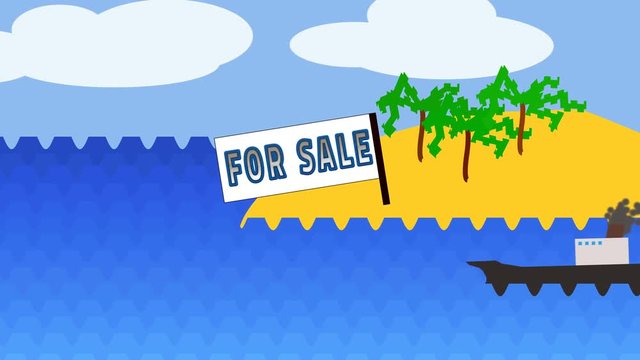 Animation. Ship sails along islands with sign "for sale"in ocean. On island are palm trees, clouds in sky, waves of sea.