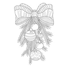 Bow tie and fir branch Christmas decoration adult coloring page in zentangle style