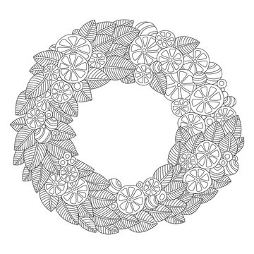 Leaves and orange slices Christmas wreath adult coloring page in zentangle style