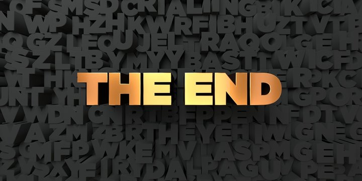 The end - Gold text on black background - 3D rendered royalty free stock picture. This image can be used for an online website banner ad or a print postcard.