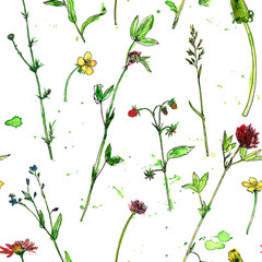 seamless pattern with watercolor and ink drawing plants