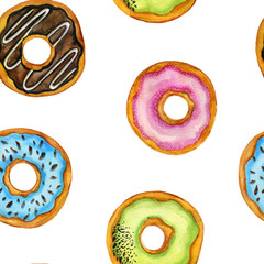 seamless pattern with donuts drawing in watercolor