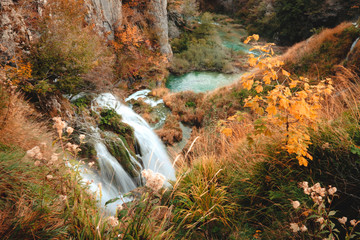 Plitvice lakes and waterfalls in autumn season