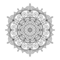 Vector hand drawn doodle tribal mandala. Ethnic mandala with ornament and dots. Isolated. Black and white colors. Outline. Coloring page for adult.