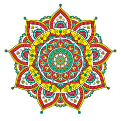 Vector hand drawn doodle mandala with hearts. Ethnic mandala with colorful ornament. Isolated. Red, green, yellow and white colors.