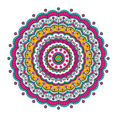 Vector hand drawn doodle mandala with hearts. Ethnic mandala with colorful ornament. Isolated. Tribal ornament. Bright colors. - 125905099