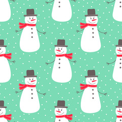Cute flat snowman. Vector seamless pattern with hand drawn holiday snowmens. Nice Christmas background for your design. On green background.