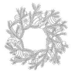 Fir branch Christmas wreath coloring page for adults in zentangle style - 125905662