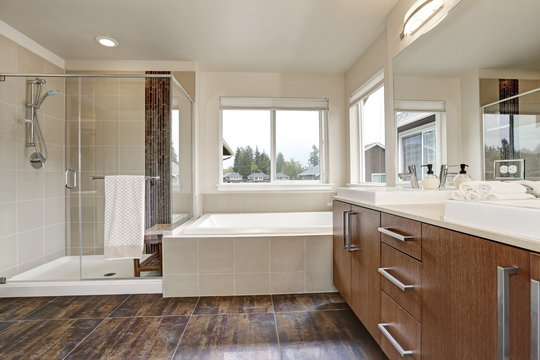 White modern bathroom interior in brand-new house.