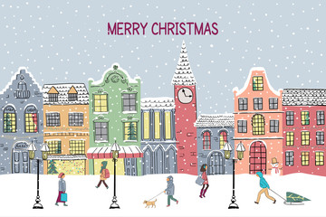 Christmas and New year greeting card. Hand drawn snowy town