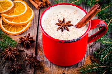 Christmas drink: eggnog with cinnamon and anise in red mug