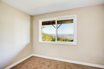 Empty room interior with brown carpet and light beige walls