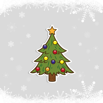 Happy New Year and Merry Christmas. Christmas tree on the background of snow. Holiday sticker