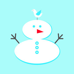 Snowman with a bird on his head on a blue background. vector icon