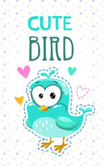 Cute girlish illustration with funny blue bird.