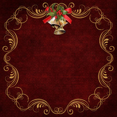 Dark red vintage background with golden swirls and Christmas bells with ribbon and berries